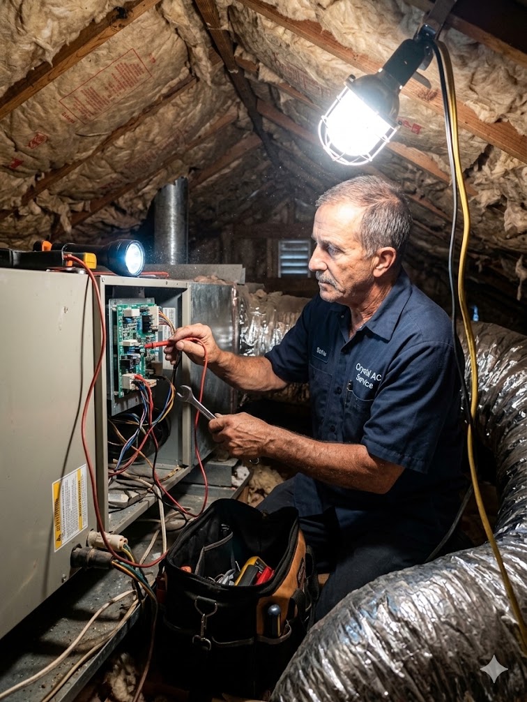 Technician working in an attic