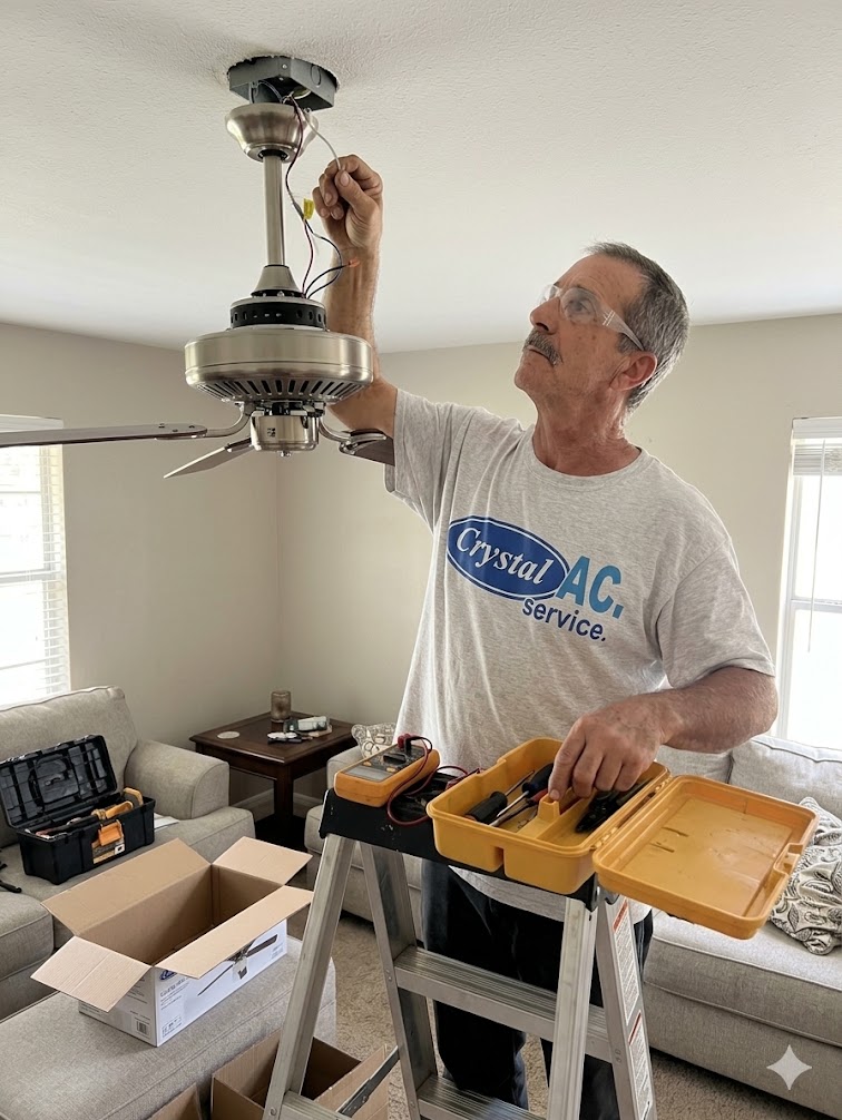 Technician installing a ceiling fixture