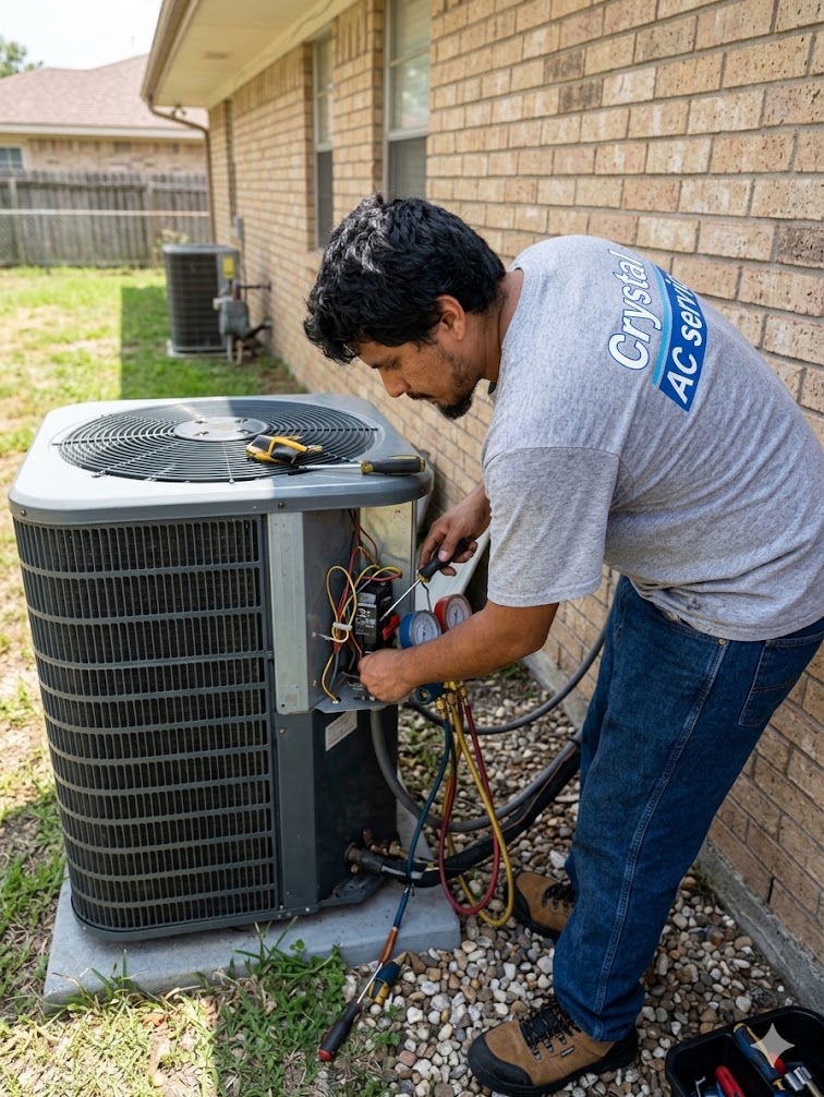 Technician servicing an outdoor air conditioner
