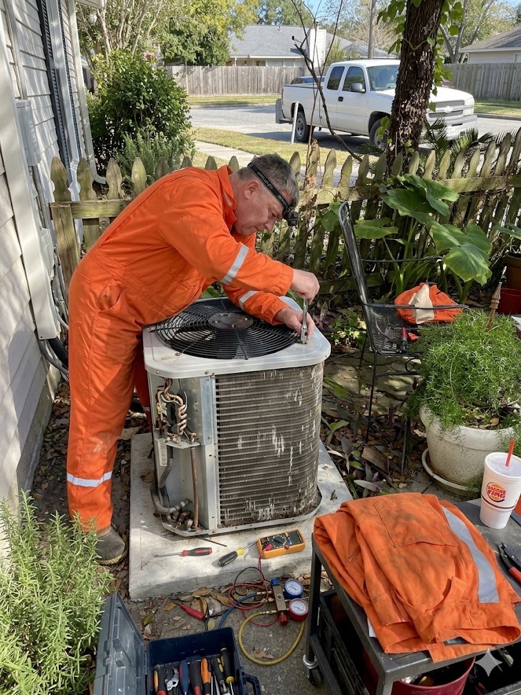 Technician servicing outdoor air conditioning equipment