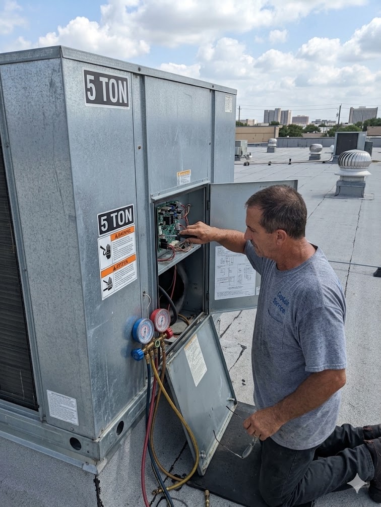 Technician repairing HVAC equipment