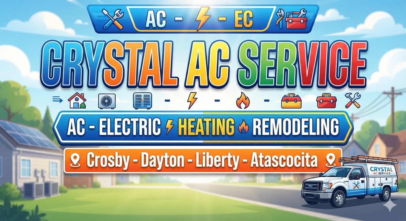 Crystal AC Service banner for AC, electrical, heating and remodeling in Crosby, Dayton, Liberty and Atascocita